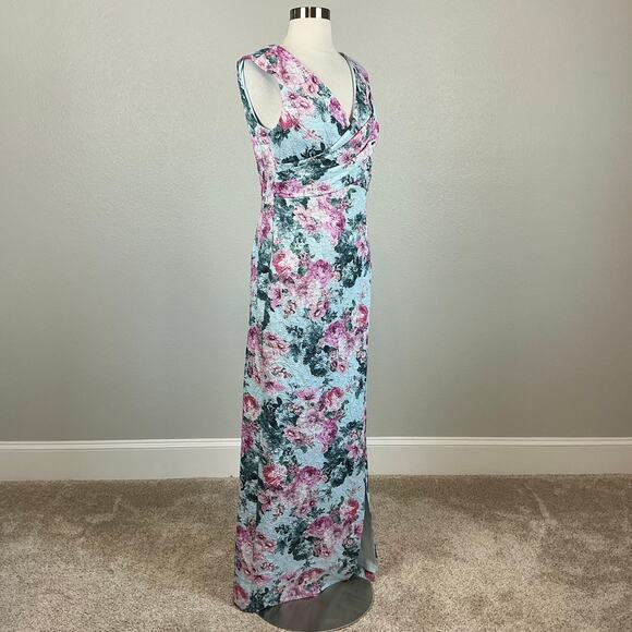 Adrianna Papell Blue Metallic Floral Evening Gown Formal Dress Women’s Size 6 - Picture 2 of 14